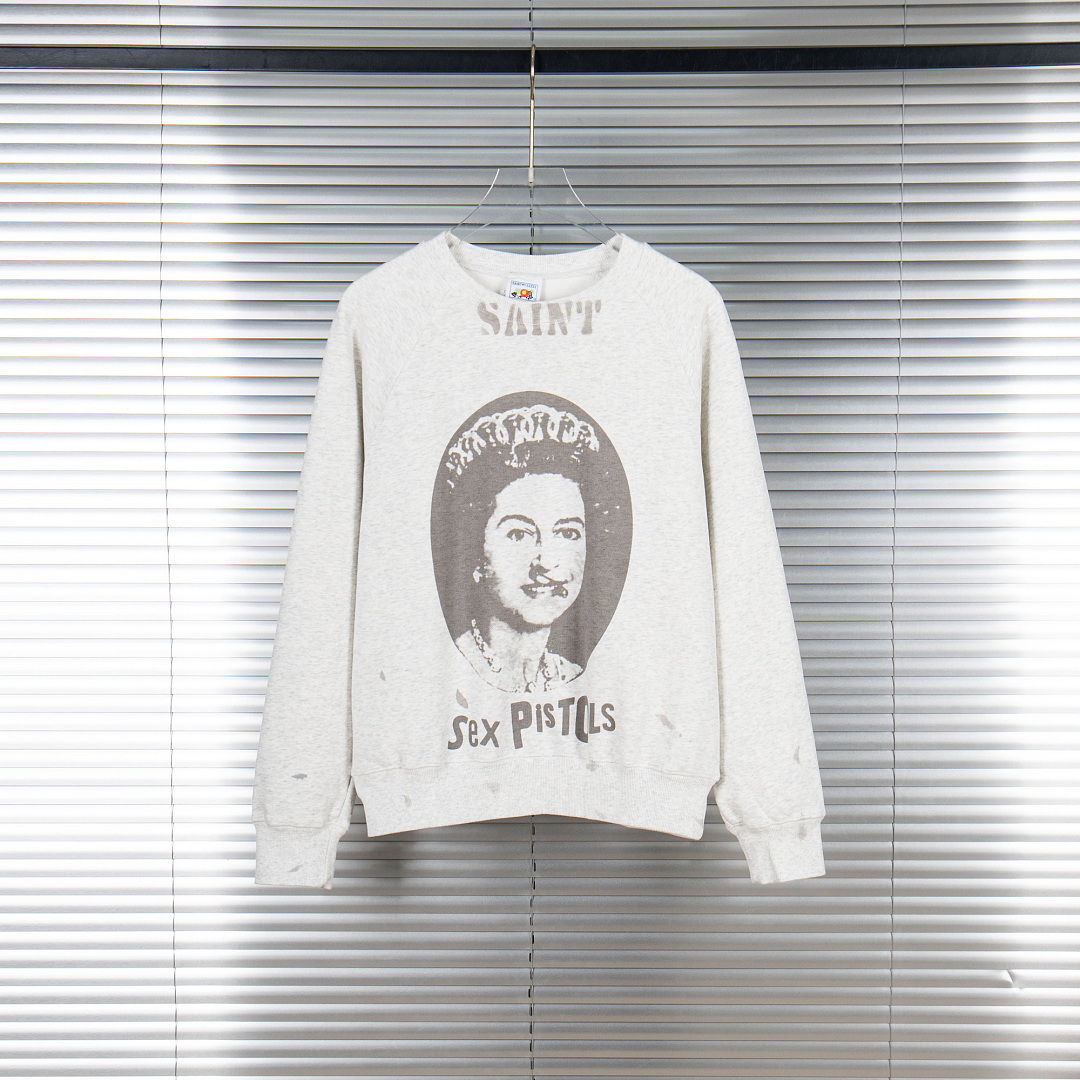 Streetwear Brand Vintage - 25fw セント コラボ スウェットシャツ、クイーンの肖像画プリント、メンズ＆レディース、ゆったりとしたプルオーバー、ヒップホップ、ストリートウェア、ヴィンテージ風トップス。